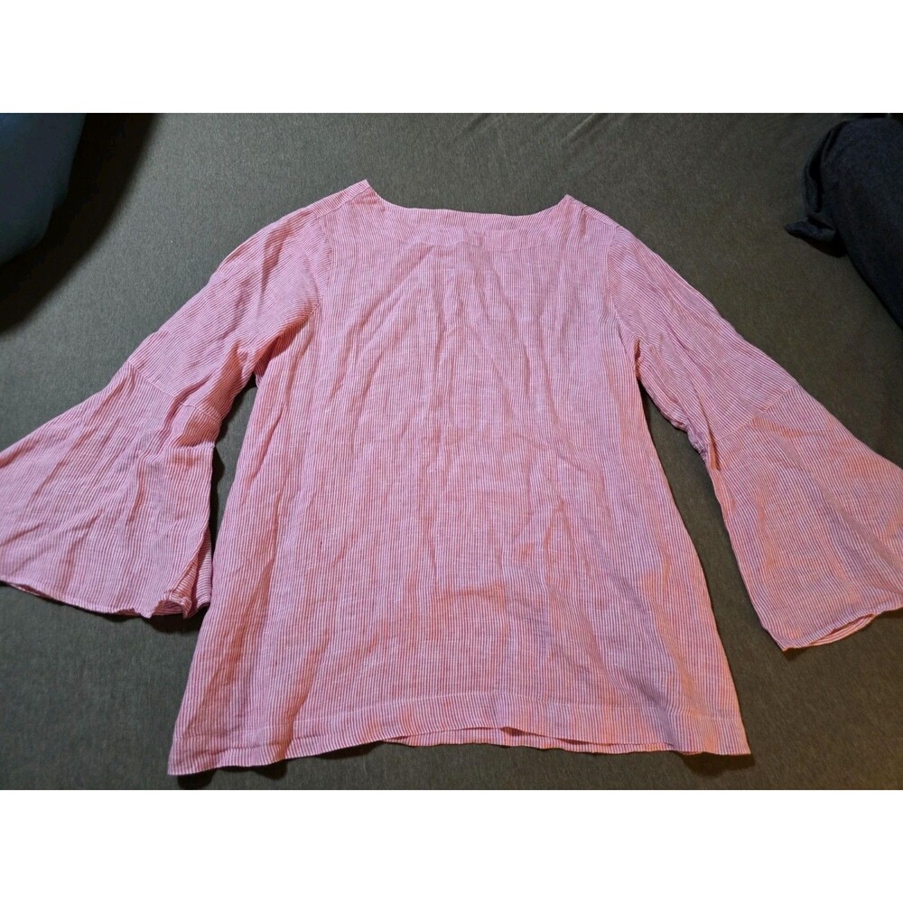 Cynthia Rowley 1x 100% Linen Stripe Blouse Bell Sleeve Coastal Cottage Natural